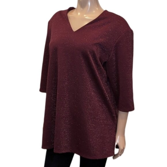 Vintage Addition Elle Shimmery Lurex Top Burgundy Wine Vneck Short Sleeve Tunic - Picture 1 of 12